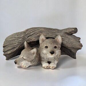 Winter Timberwolves Sandicast Sculpture Forever Friends Gray Wolf Pups in Log